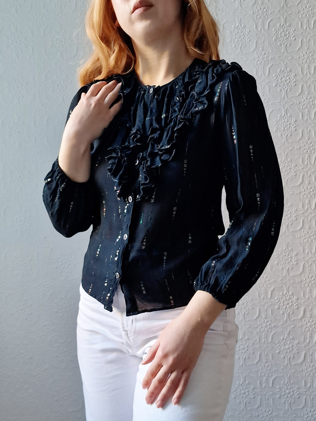 Vintage 80s Sheer Black 3/4 Sleeve Blouse with Frilly Collar - XS