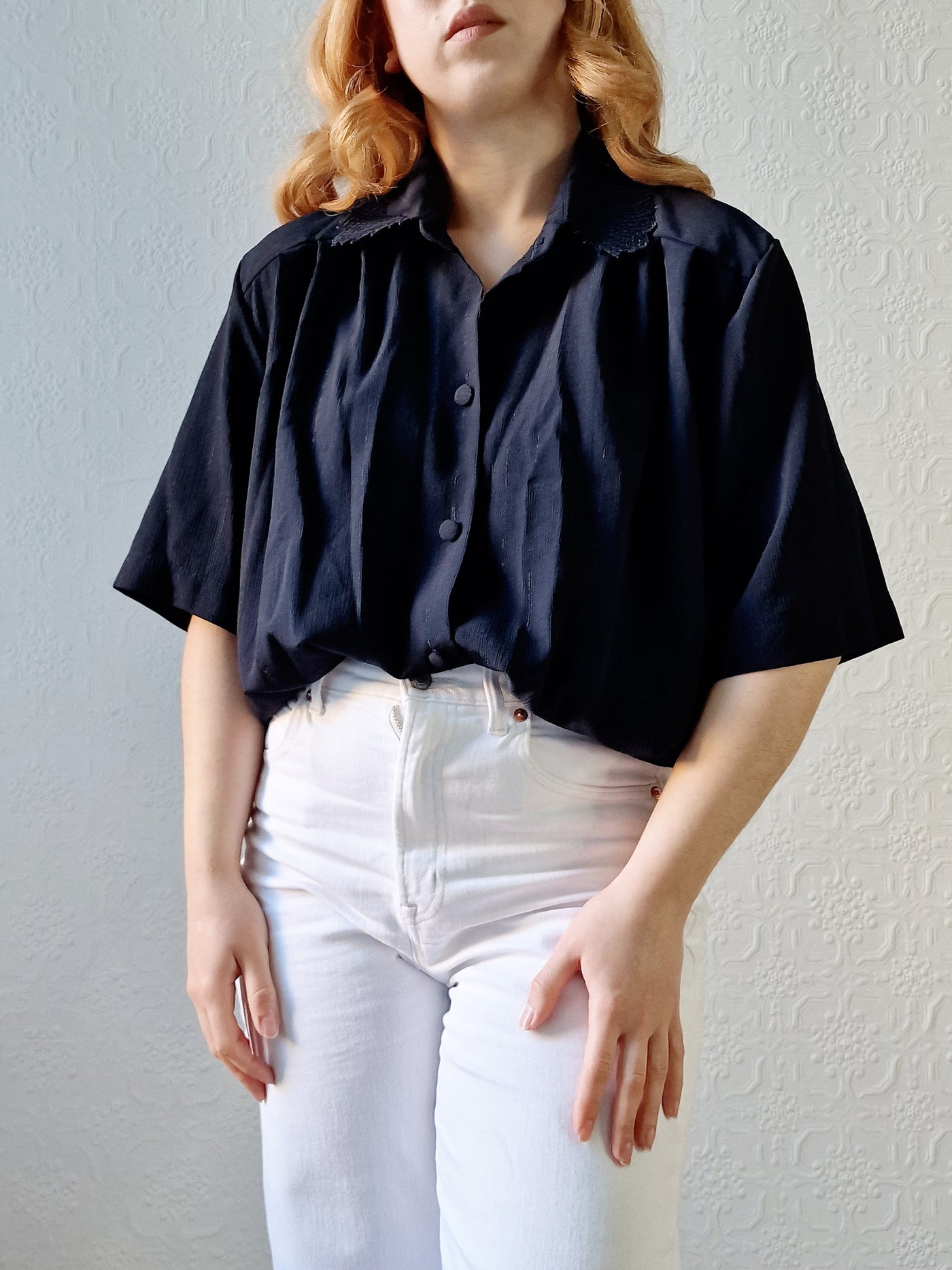 Vintage 80s Black Short Sleeve Blouse with Lace Collar - XL