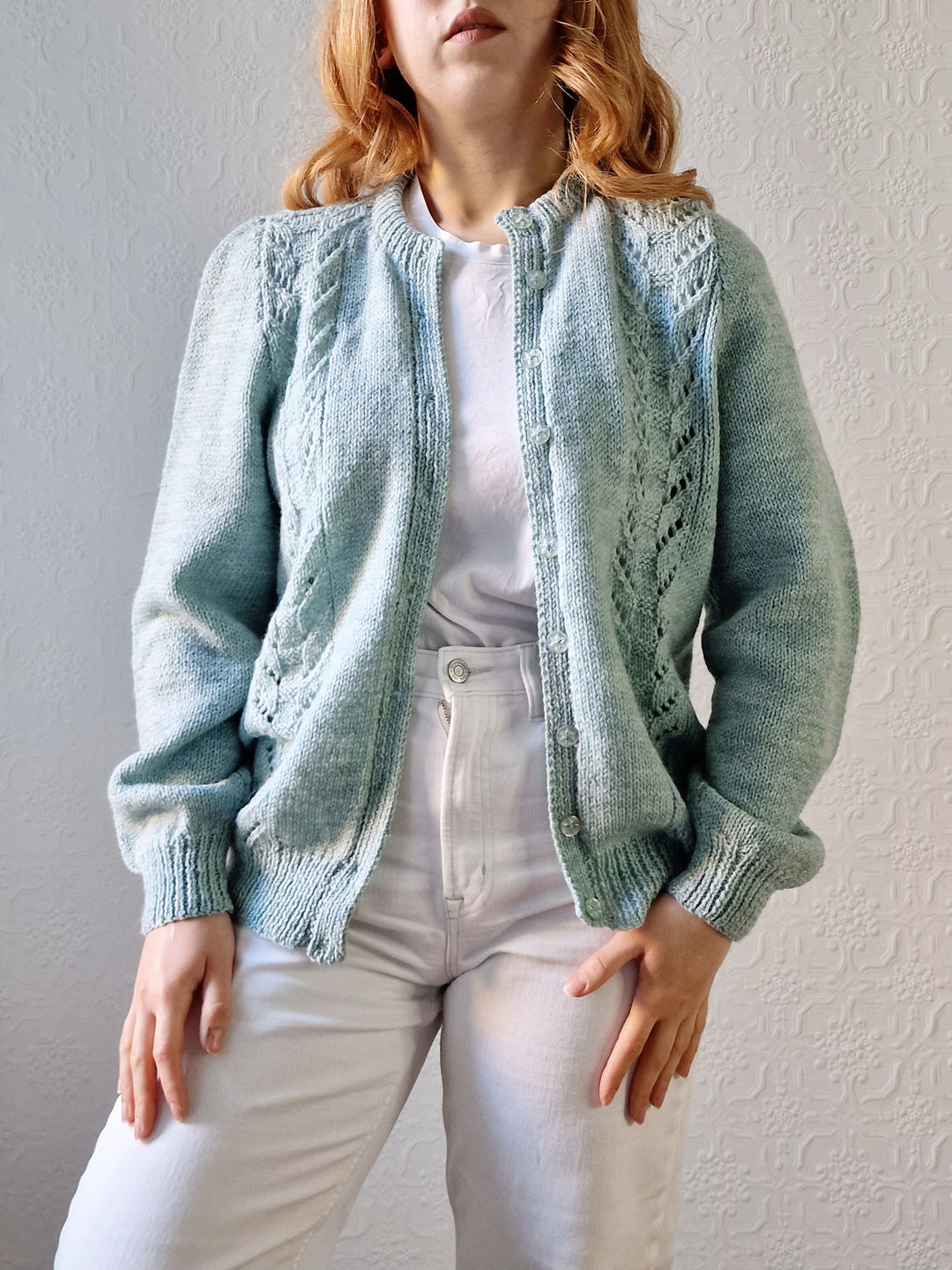 Vintage 80s Handknitted Duck Egg Crew Neck Cardigan - M/L