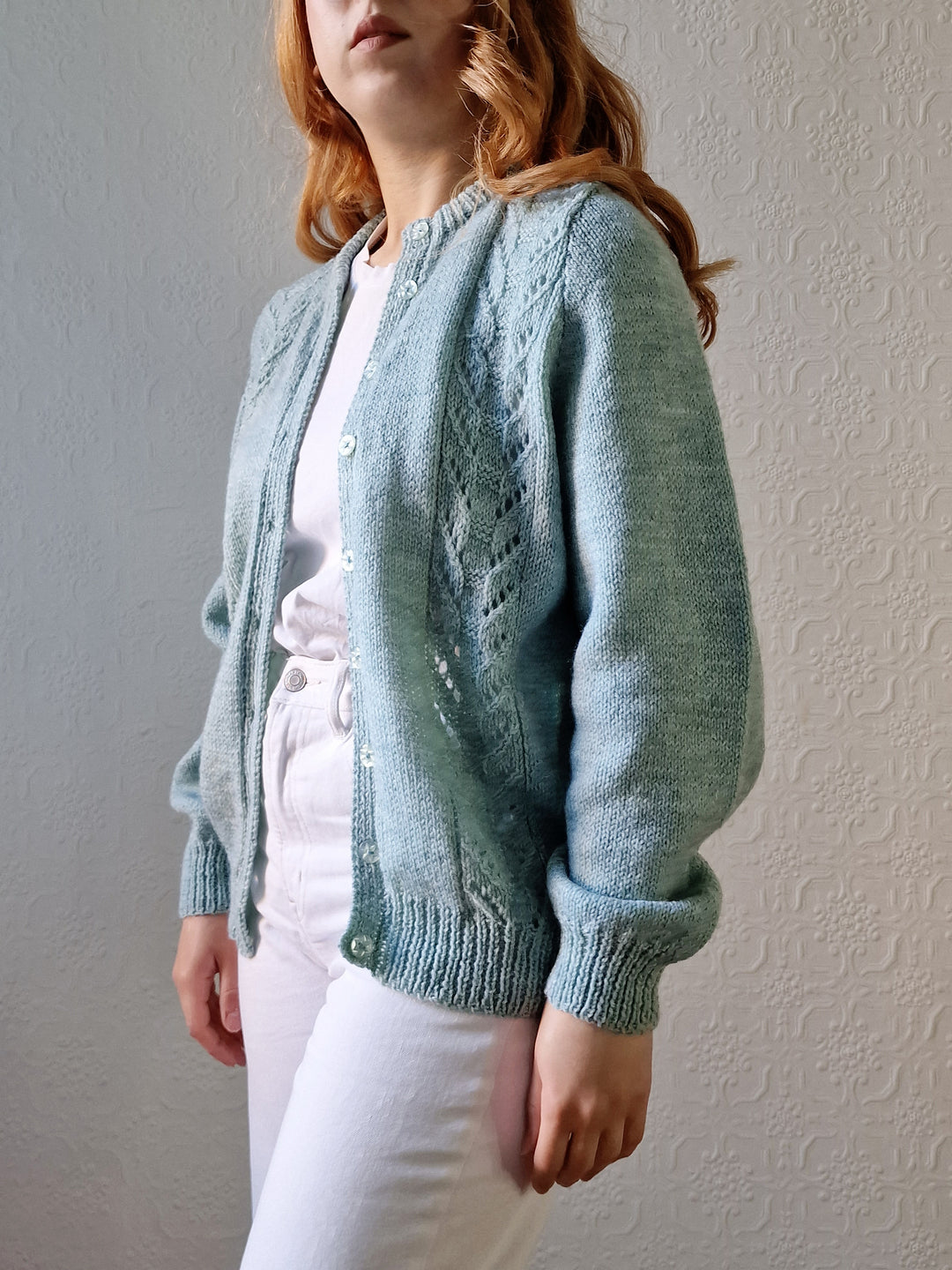 Vintage 80s Handknitted Duck Egg Crew Neck Cardigan - M/L