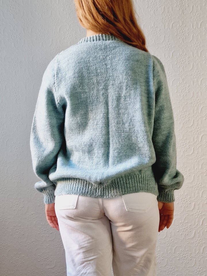 Vintage 80s Handknitted Duck Egg Crew Neck Cardigan - M/L