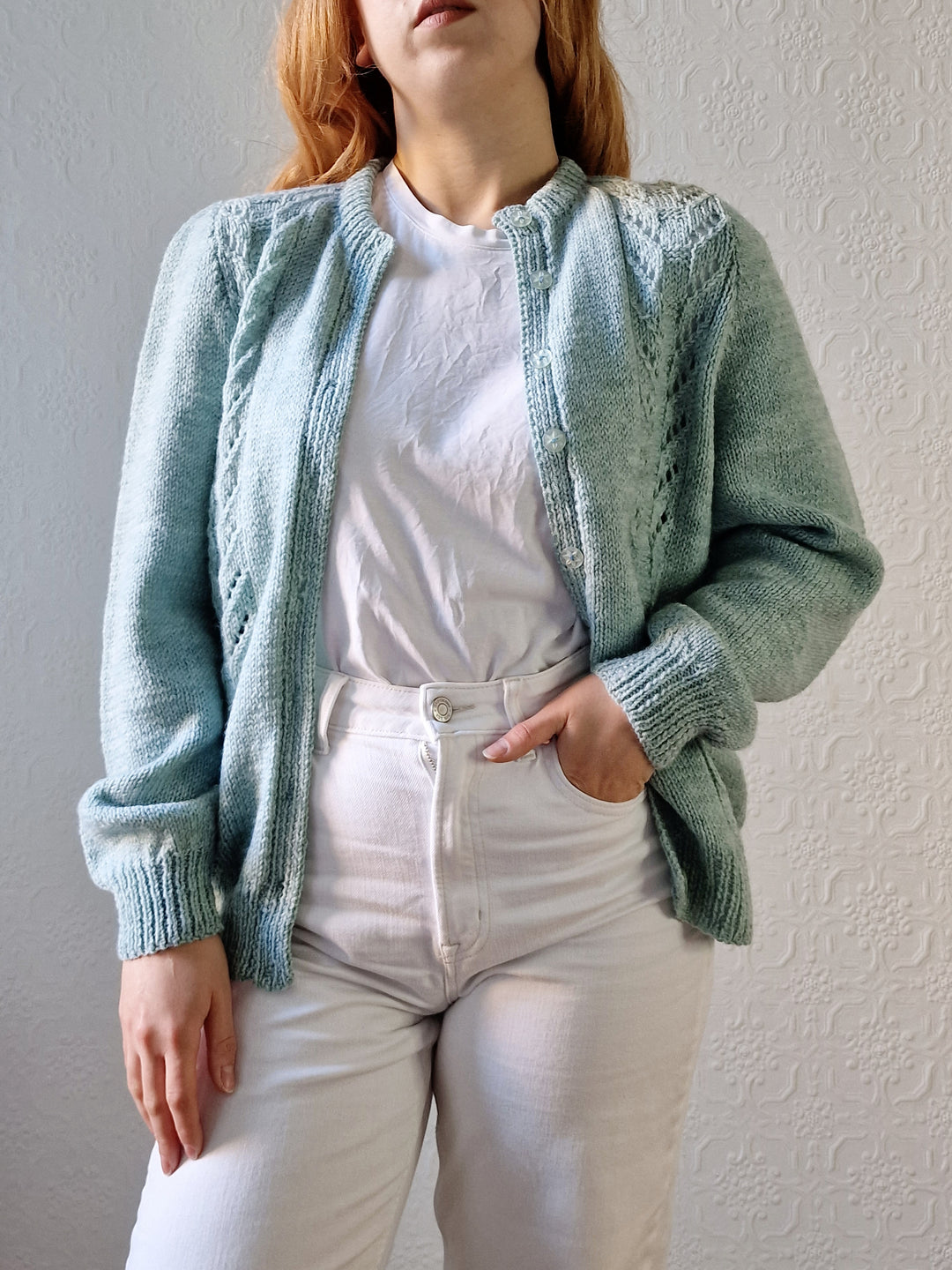 Vintage 80s Handknitted Duck Egg Crew Neck Cardigan - M/L