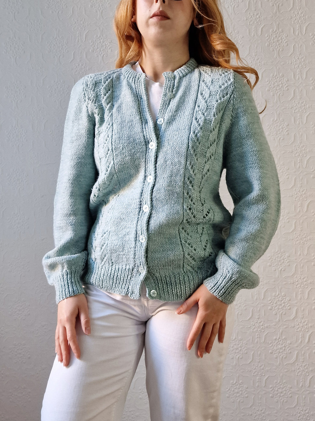 Vintage 80s Handknitted Duck Egg Crew Neck Cardigan - M/L