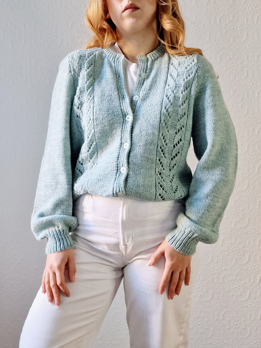 Vintage 80s Handknitted Duck Egg Crew Neck Cardigan - M/L