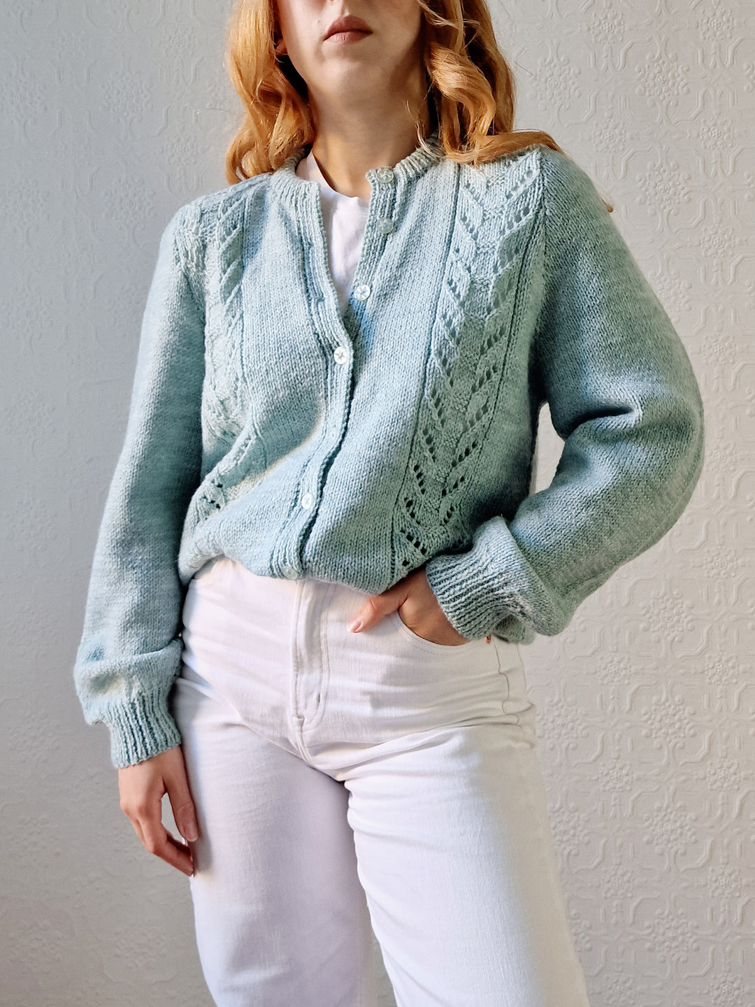 Vintage 80s Handknitted Duck Egg Crew Neck Cardigan - M/L