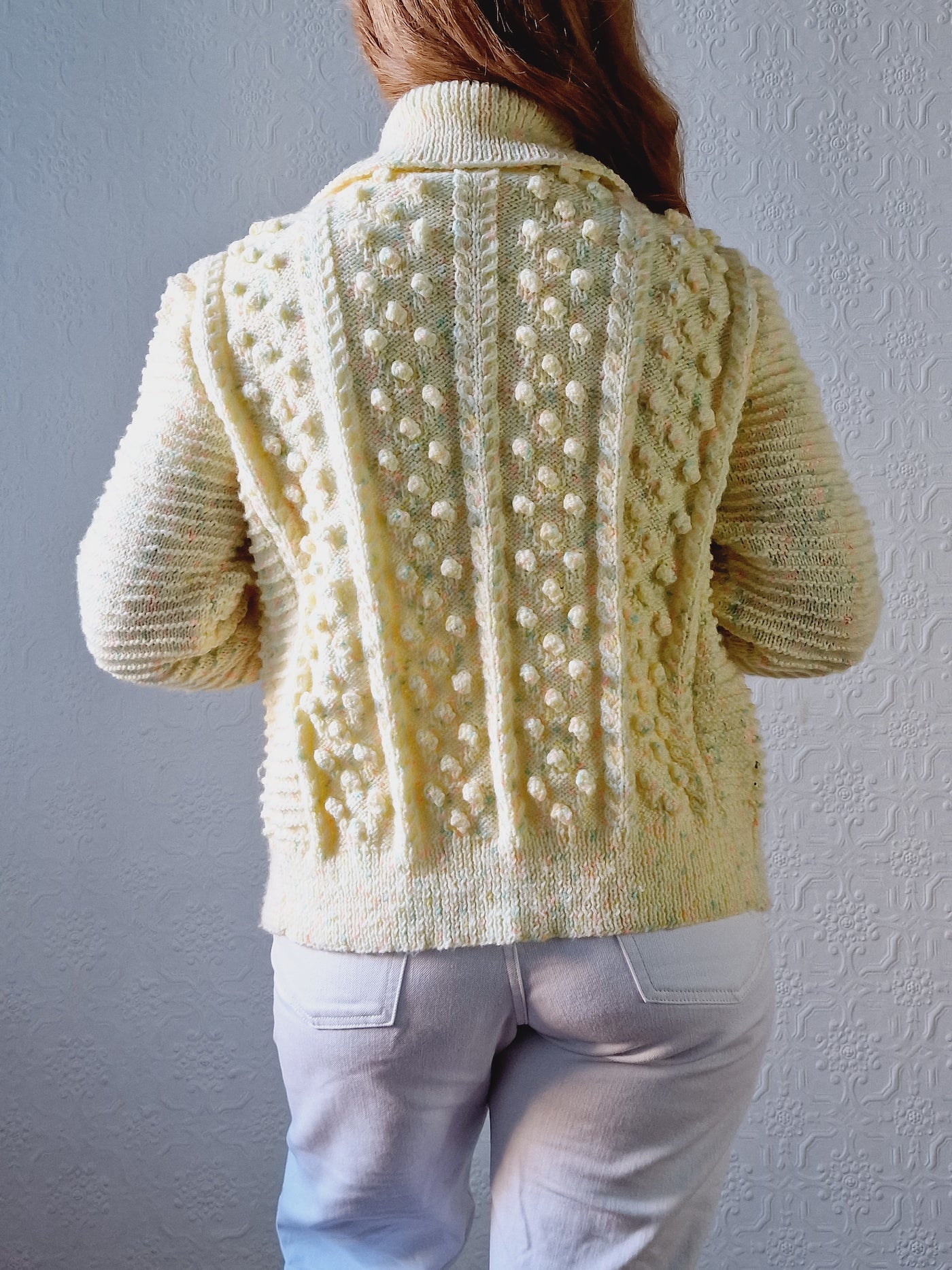 Vintage Handknitted Lemon Yellow Speckled Popcorn Knit Collared Cardigan - S/M