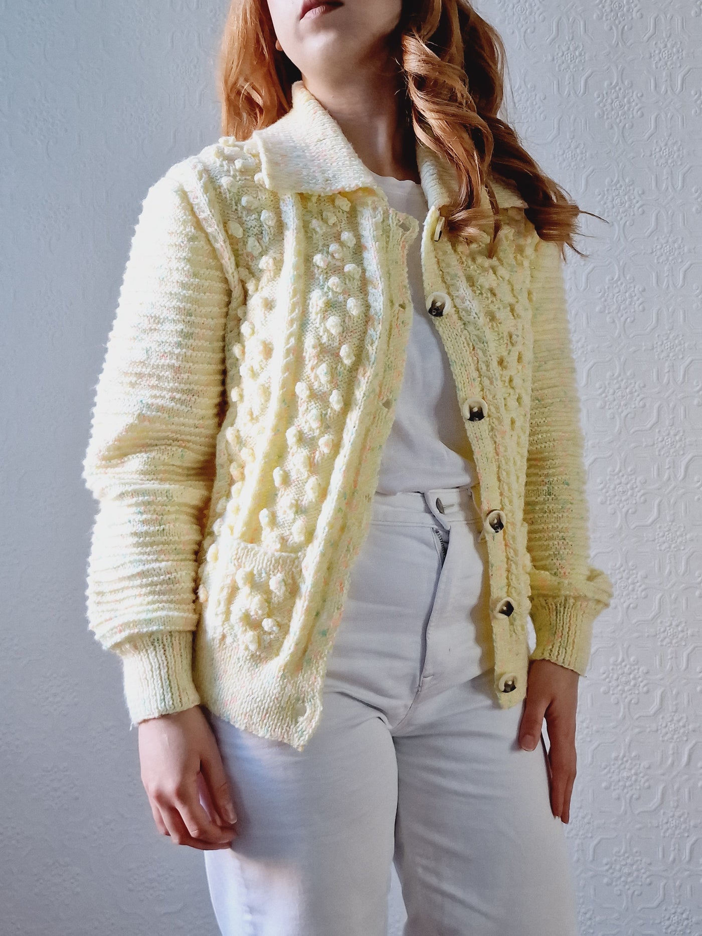 Vintage Handknitted Lemon Yellow Speckled Popcorn Knit Collared Cardigan - S/M