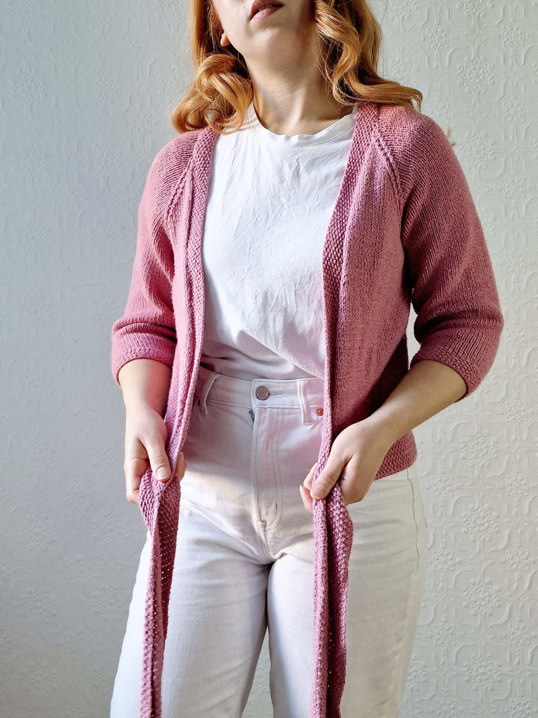 Vintage Knitted Mauve Pink Wrap Cardigan with 3/4 Sleeves - XS