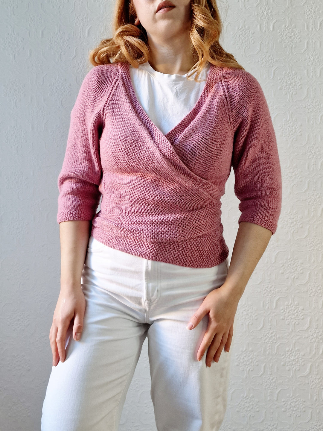 Vintage Knitted Mauve Pink Wrap Cardigan with 3/4 Sleeves - XS