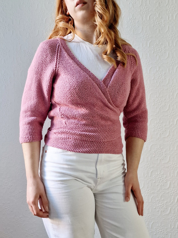 Vintage Knitted Mauve Pink Wrap Cardigan with 3/4 Sleeves - XS