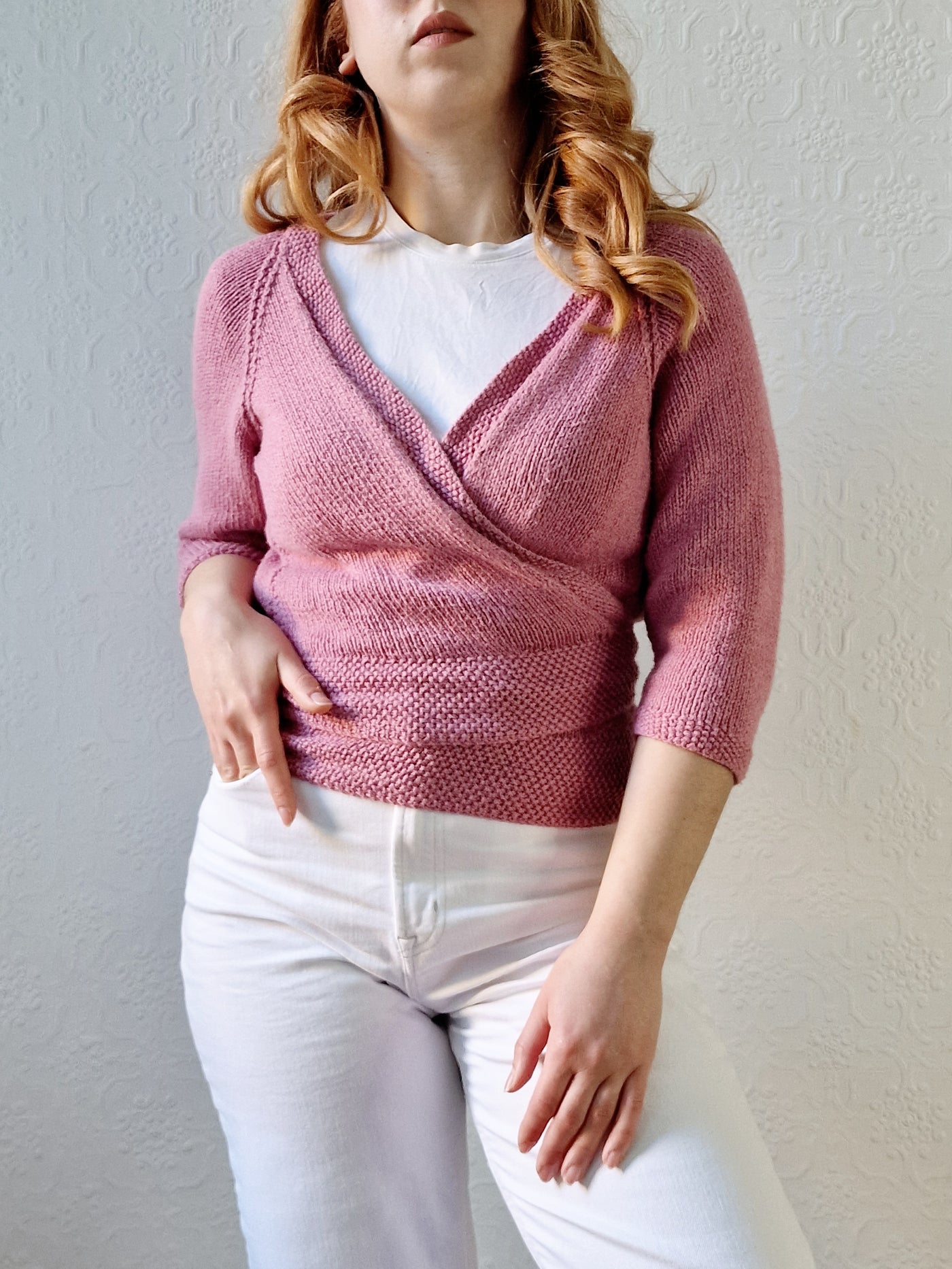 Vintage Knitted Mauve Pink Wrap Cardigan with 3/4 Sleeves - XS