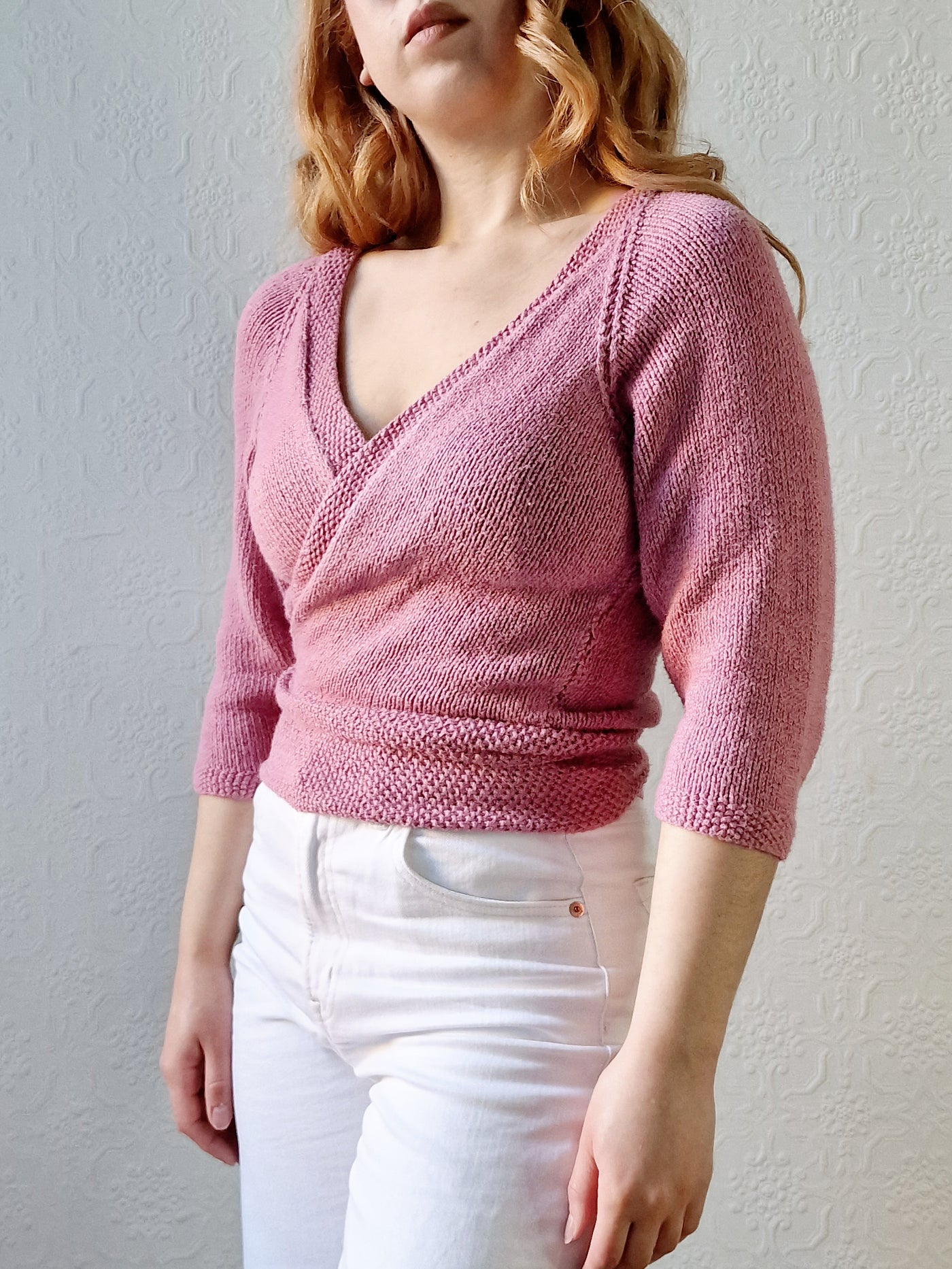 Vintage Knitted Mauve Pink Wrap Cardigan with 3/4 Sleeves - XS
