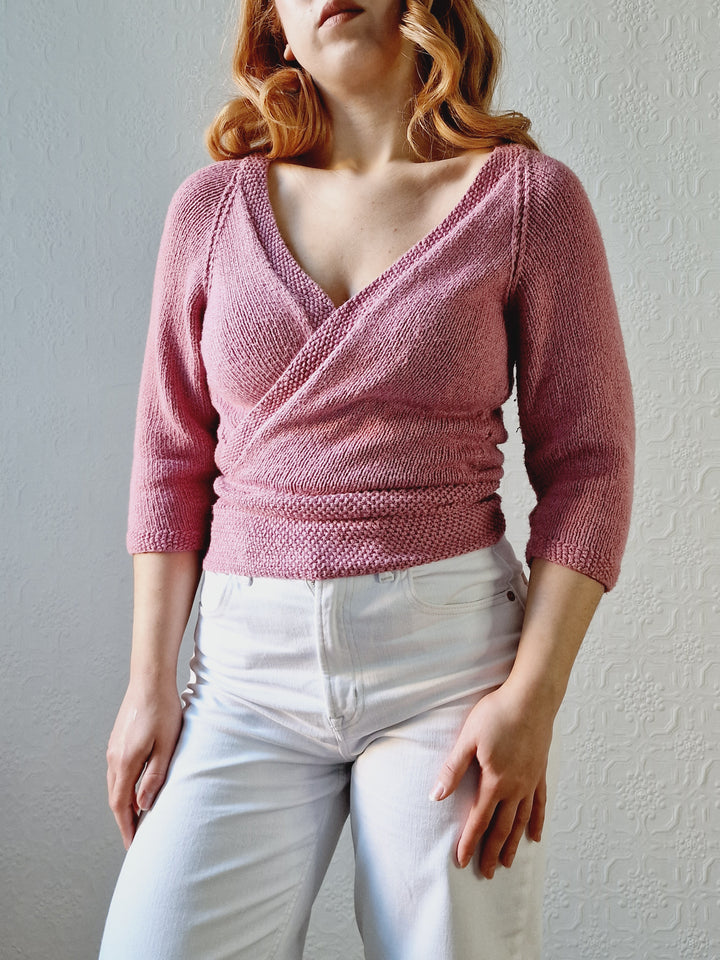 Vintage Knitted Mauve Pink Wrap Cardigan with 3/4 Sleeves - XS