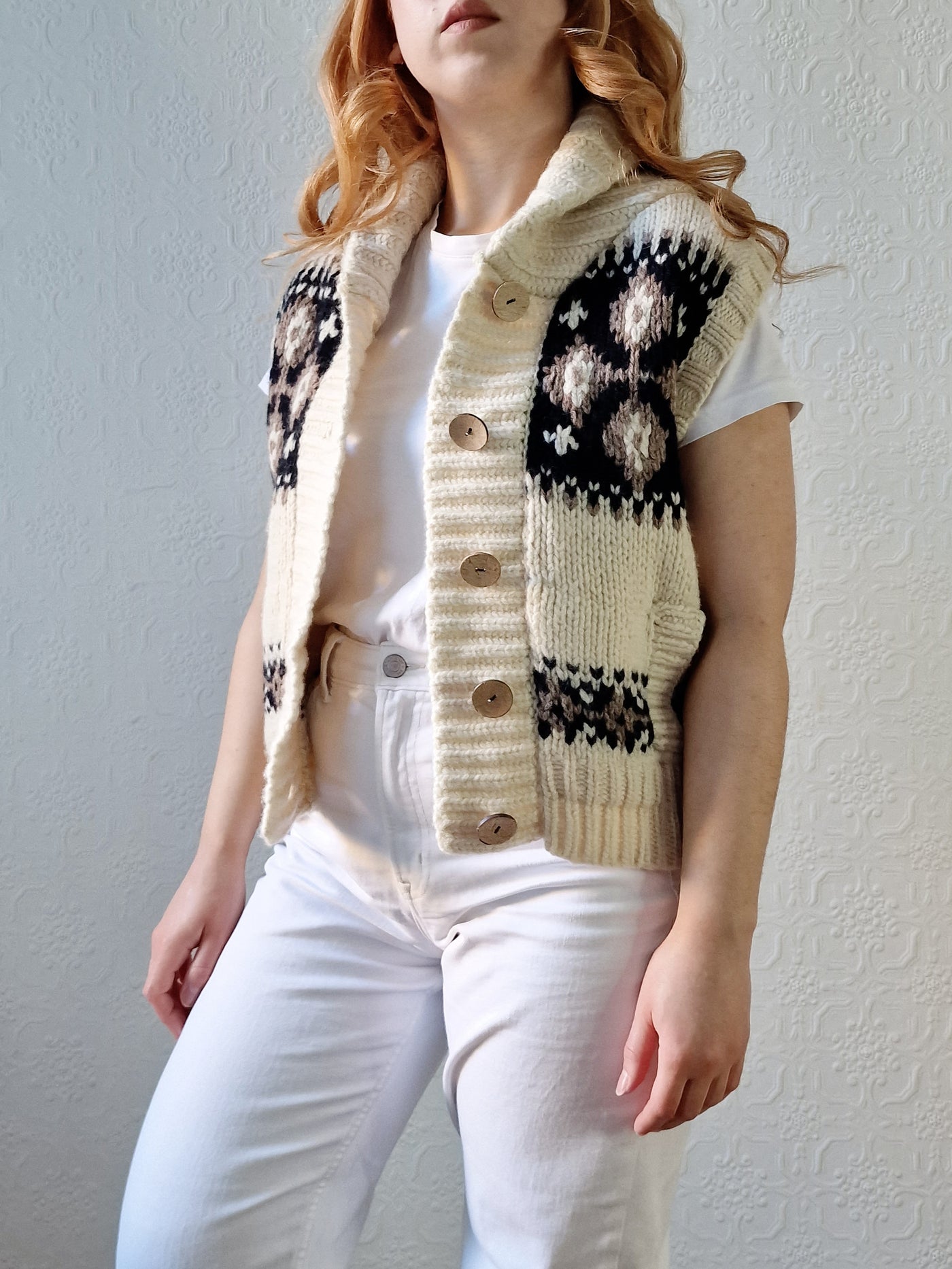 Vintage Pure Wool Cream Knitted Norwegian Style Sleeveless Vest - M