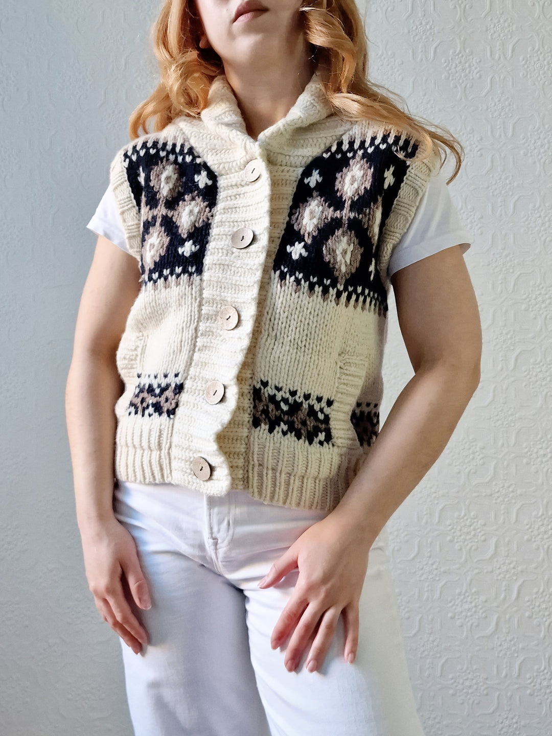 Vintage Pure Wool Cream Knitted Norwegian Style Sleeveless Vest - M