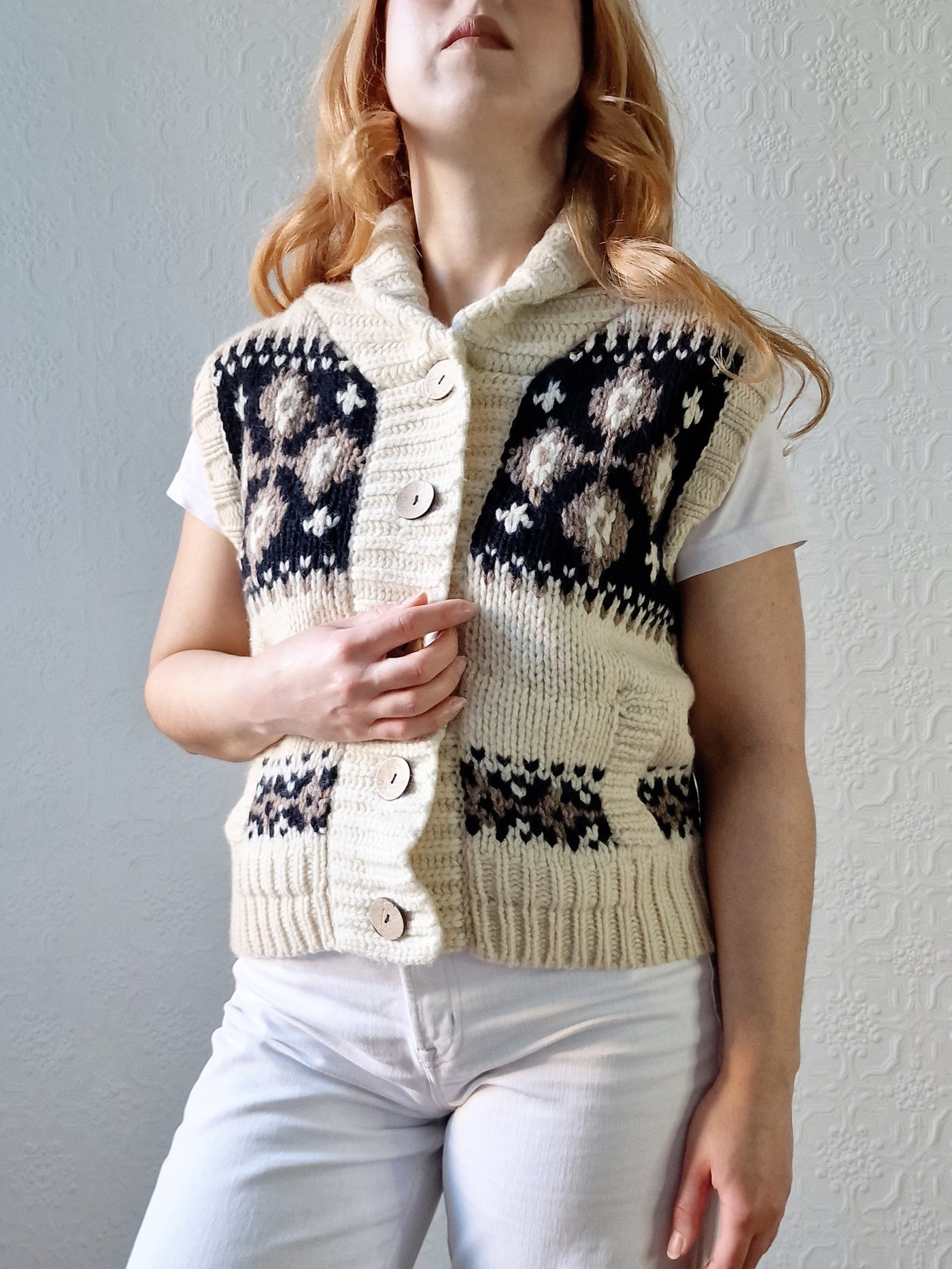 Vintage Pure Wool Cream Knitted Norwegian Style Sleeveless Vest - M