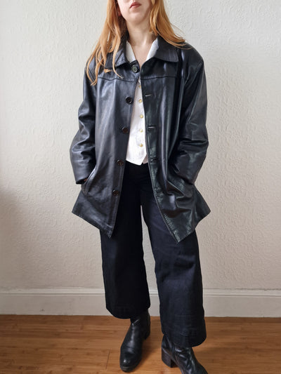 Vintage 90s Black 100% Genuine Leather Blazer Style Jacket - XL