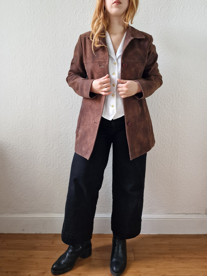 Vintage 90s Warm Brown Genuine Nubuck Leather Blazer Style Jacket - S