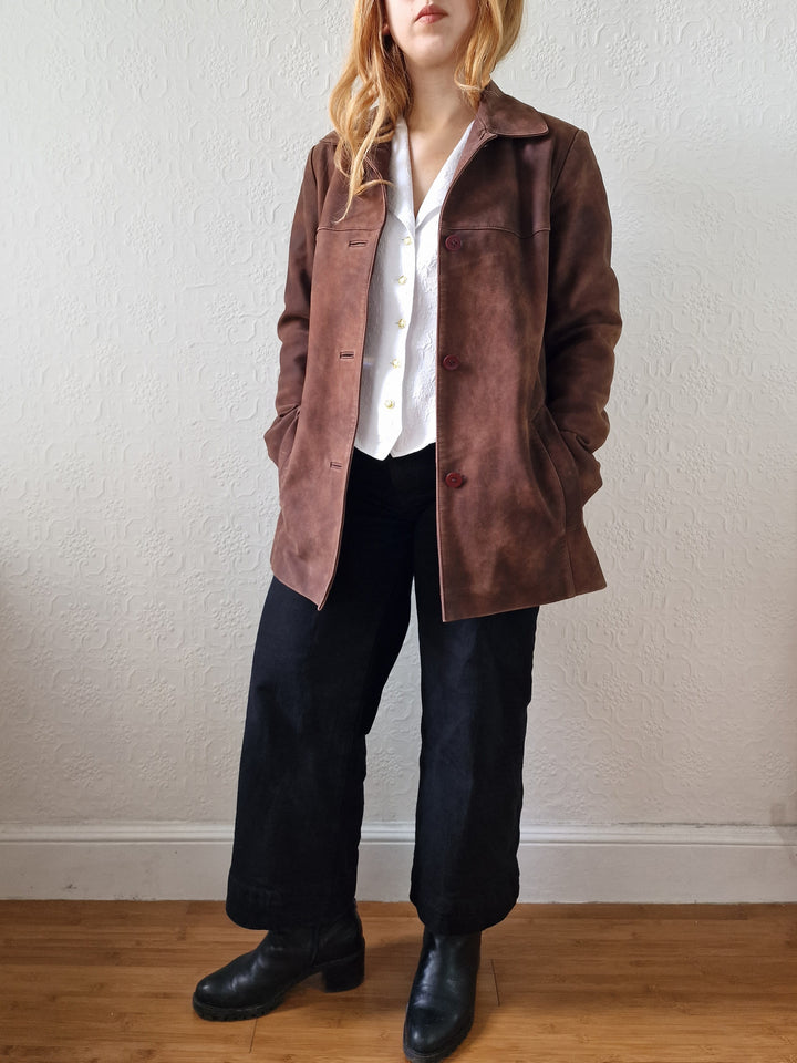 Vintage 90s Warm Brown Genuine Nubuck Leather Blazer Style Jacket - S