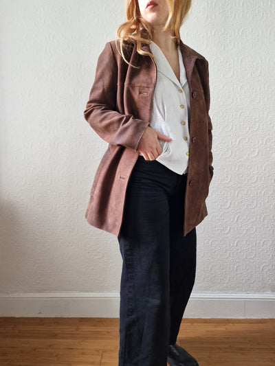 Vintage 90s Warm Brown Genuine Nubuck Leather Blazer Style Jacket - S