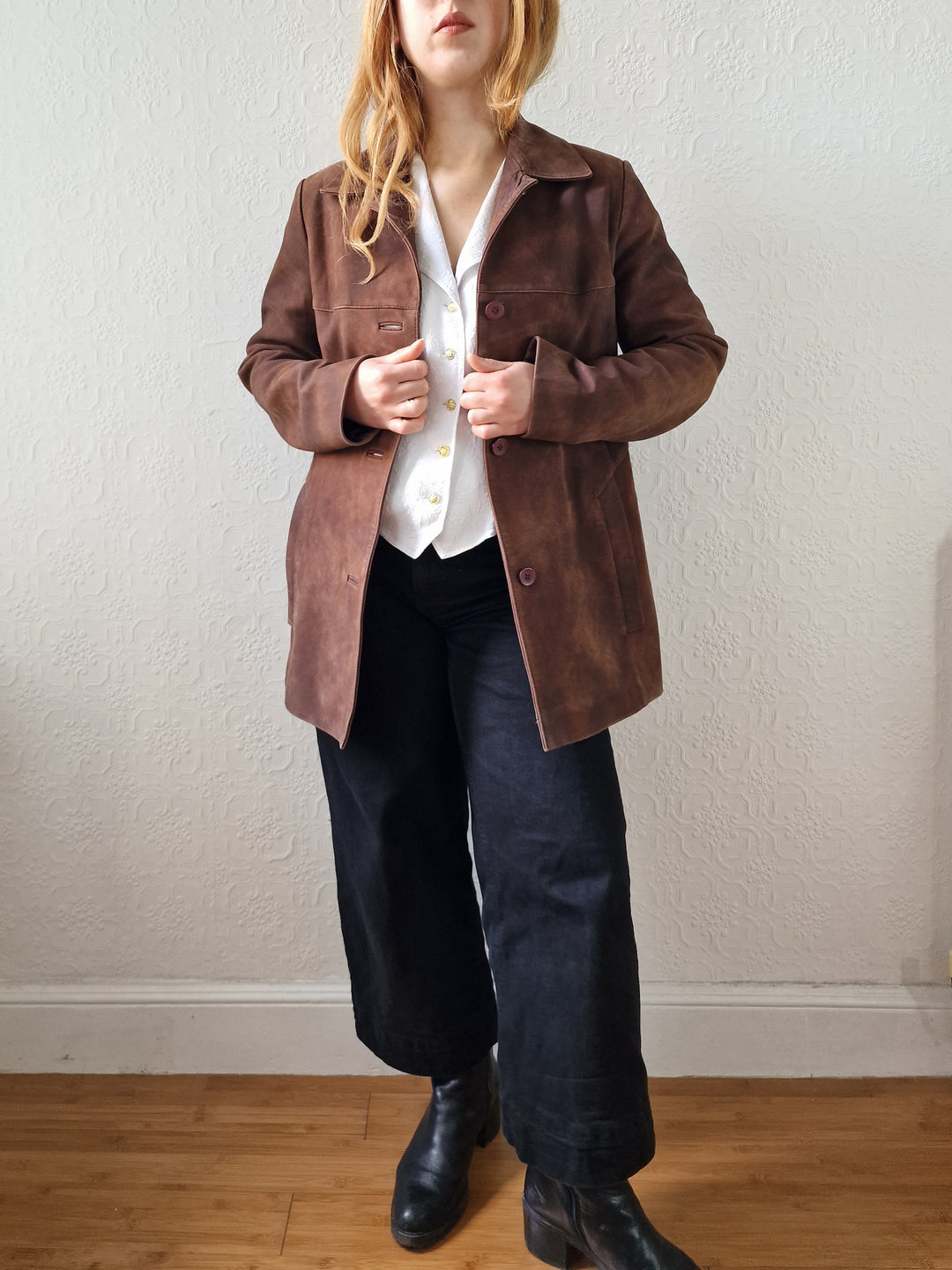 Vintage 90s Warm Brown Genuine Nubuck Leather Blazer Style Jacket - S