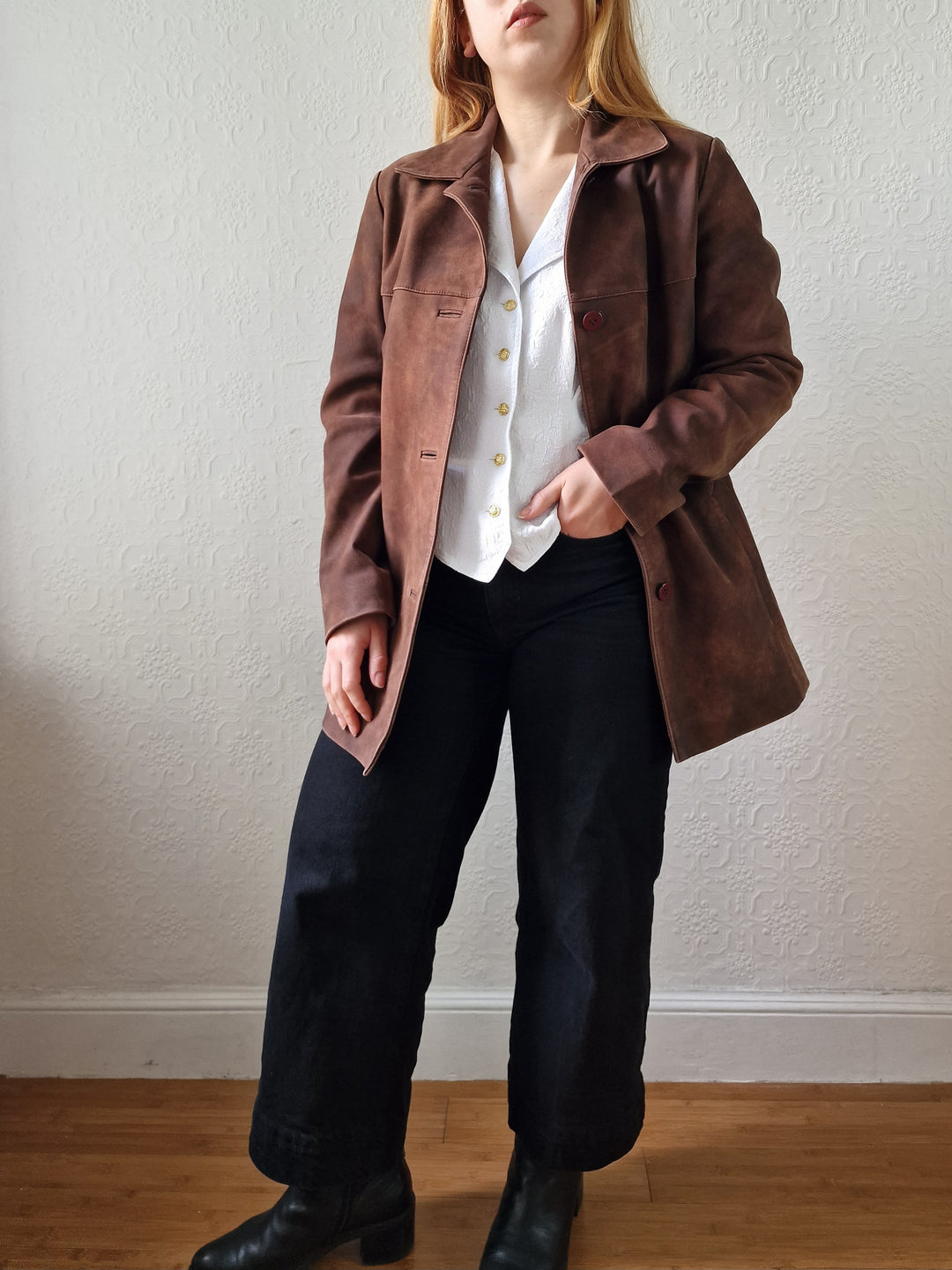 Vintage 90s Warm Brown Genuine Nubuck Leather Blazer Style Jacket - S