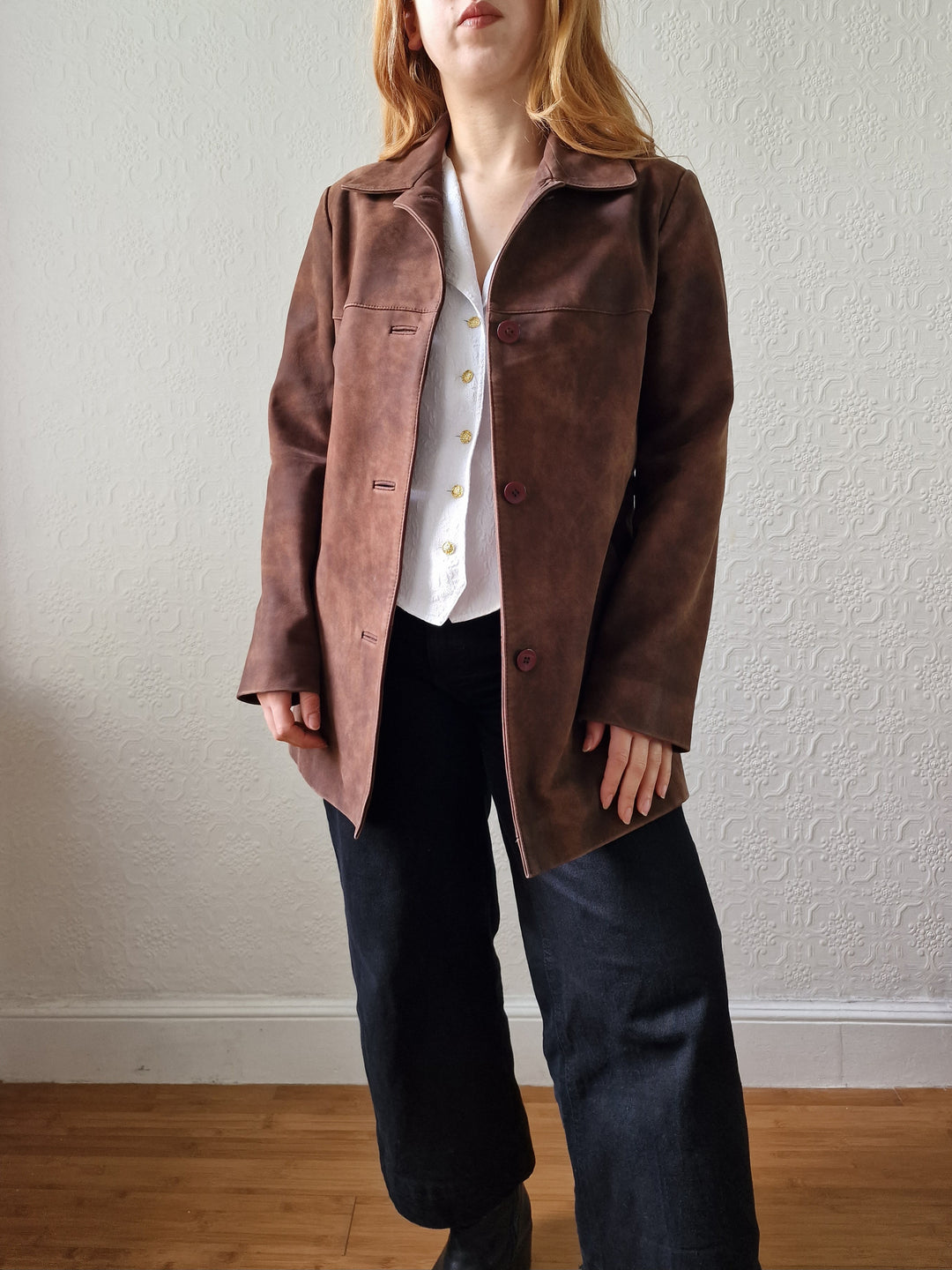 Vintage 90s Warm Brown Genuine Nubuck Leather Blazer Style Jacket - S