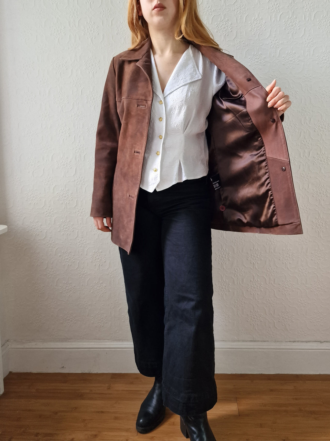 Vintage 90s Warm Brown Genuine Nubuck Leather Blazer Style Jacket - S