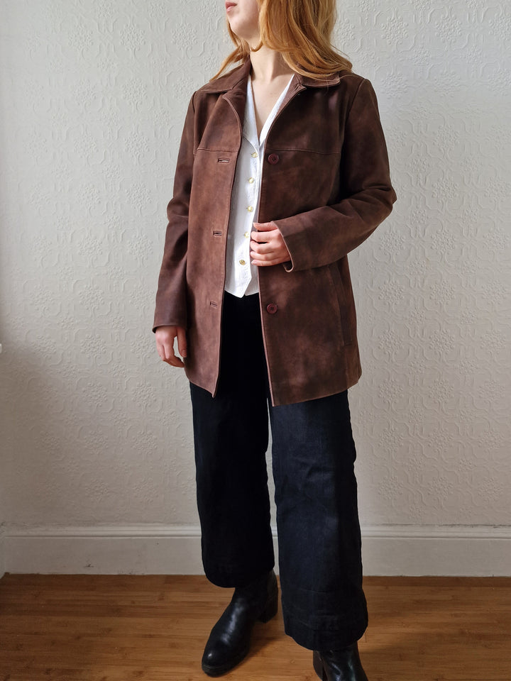 Vintage 90s Warm Brown Genuine Nubuck Leather Blazer Style Jacket - S