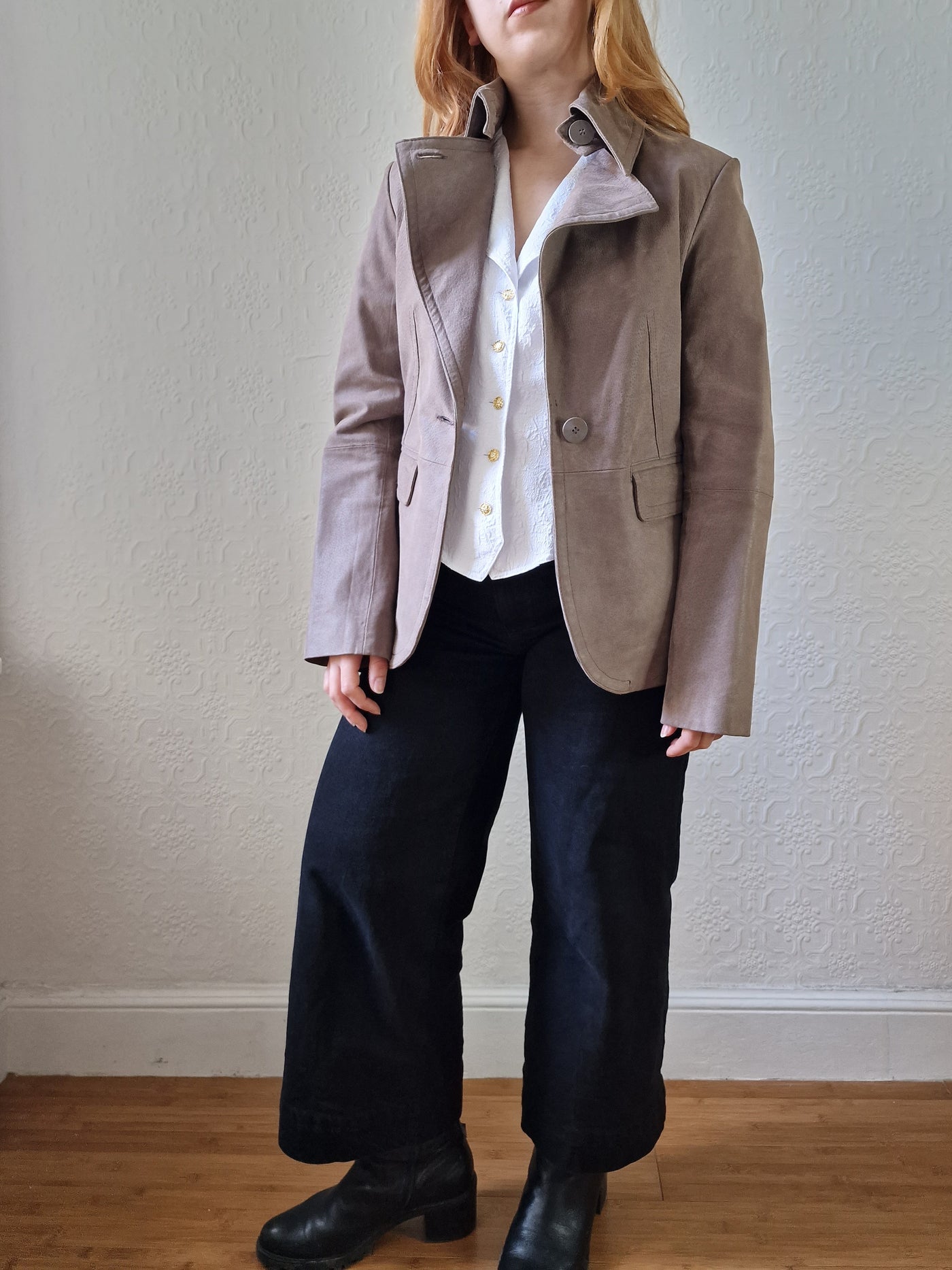 Vintage 90s Grey Taupe Genuine Suede Leather Jacket with Pointy Lapel - XS/S