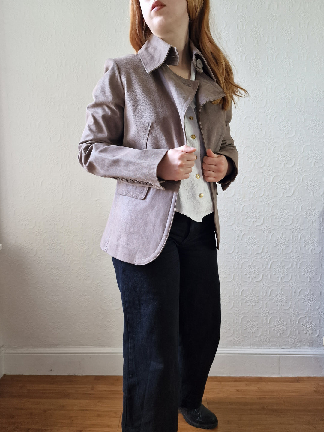 Vintage 90s Grey Taupe Genuine Suede Leather Jacket with Pointy Lapel - XS/S