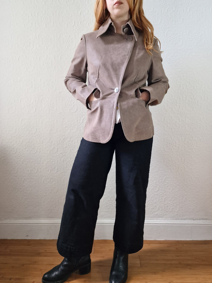 Vintage 90s Grey Taupe Genuine Suede Leather Jacket with Pointy Lapel - XS/S