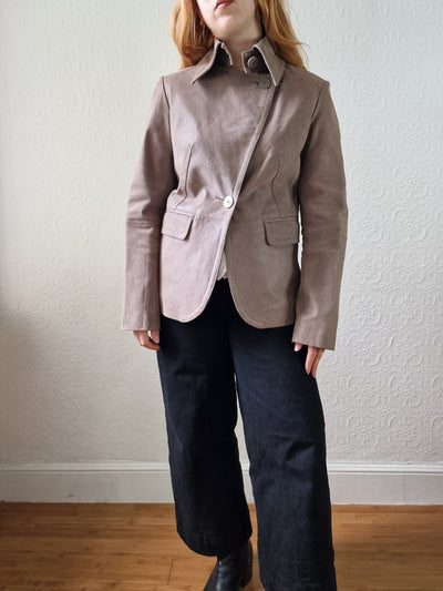 Vintage 90s Grey Taupe Genuine Suede Leather Jacket with Pointy Lapel - XS/S