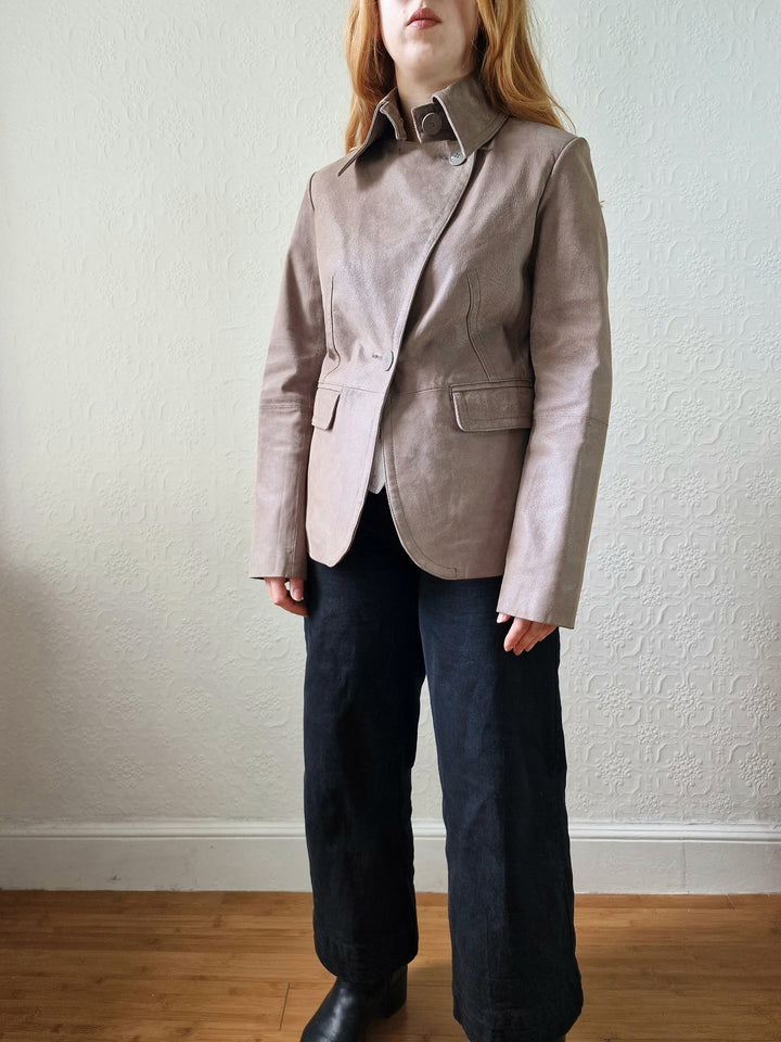 Vintage 90s Grey Taupe Genuine Suede Leather Jacket with Pointy Lapel - XS/S