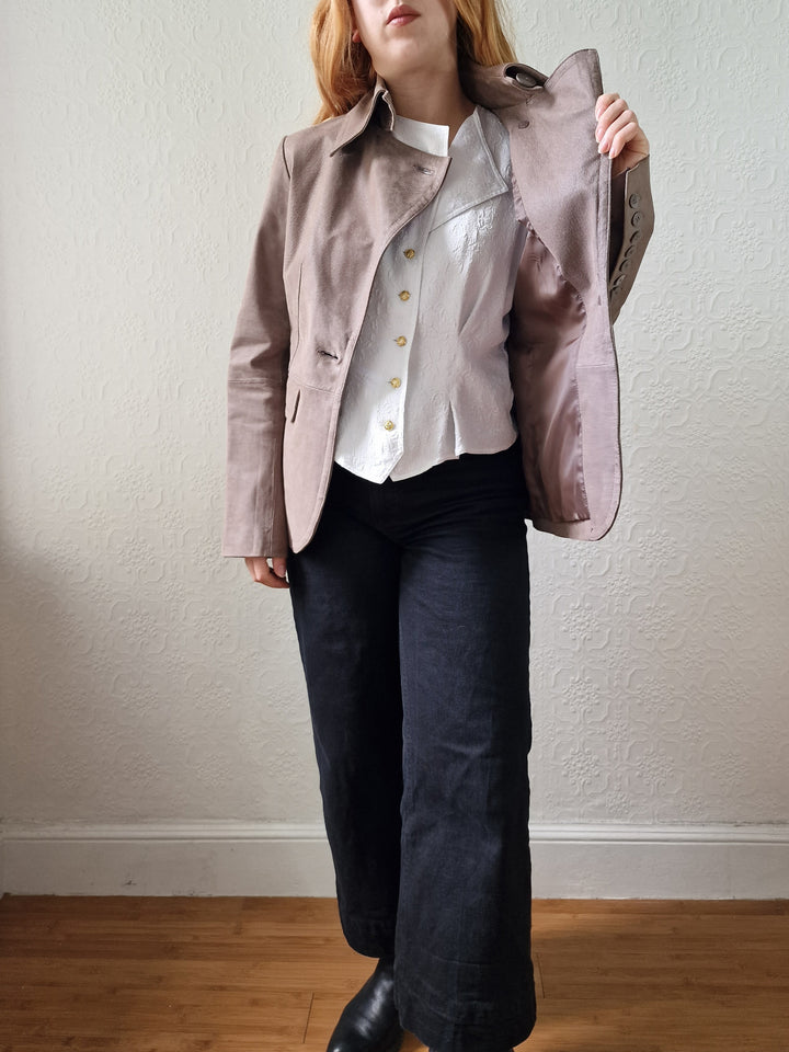 Vintage 90s Grey Taupe Genuine Suede Leather Jacket with Pointy Lapel - XS/S