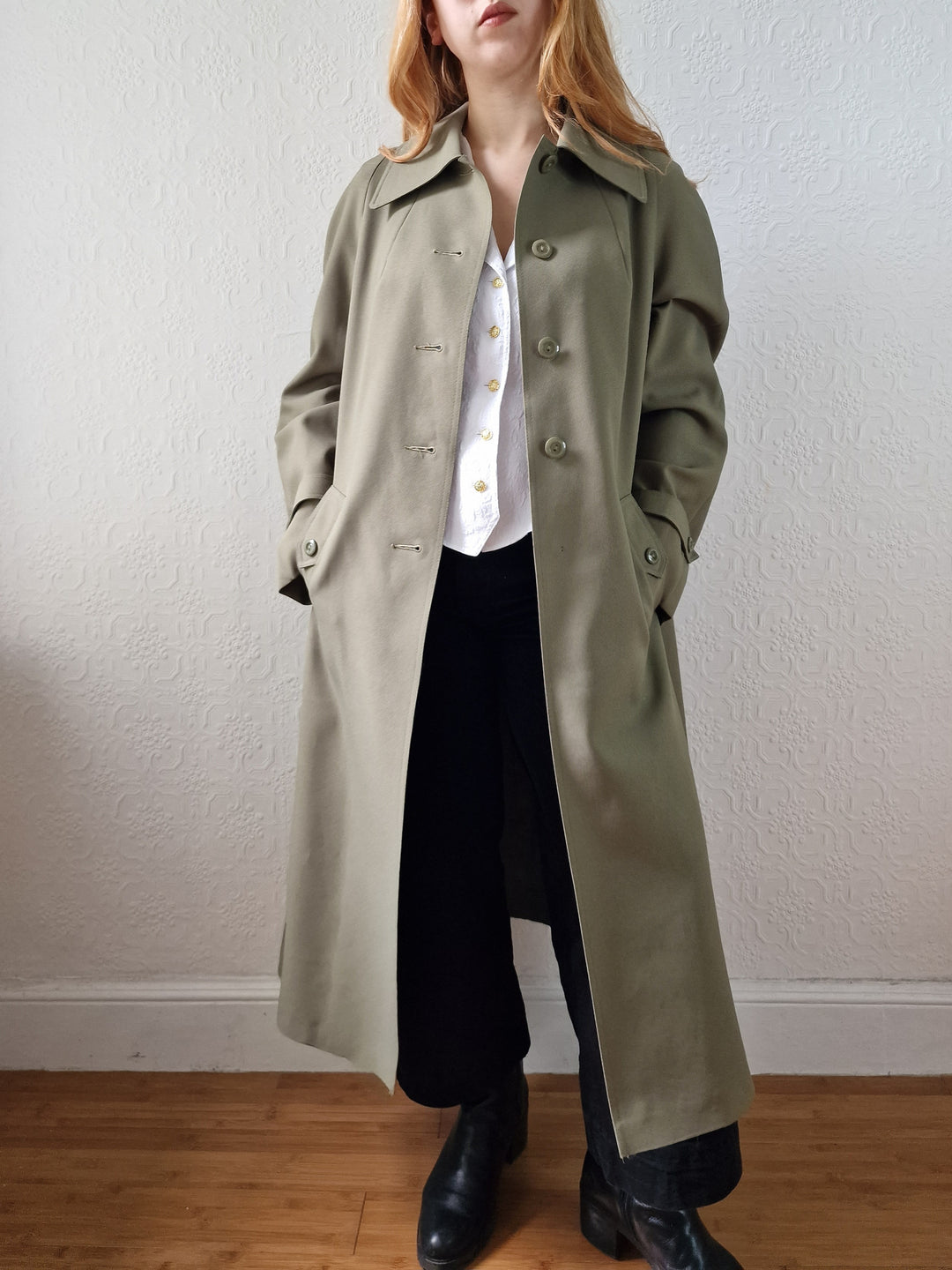 Vintage Khaki Green Single Breasted Trench Coat - M