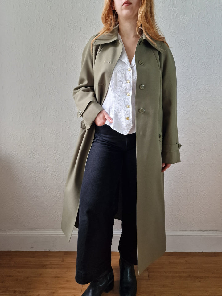 Vintage Khaki Green Single Breasted Trench Coat - M