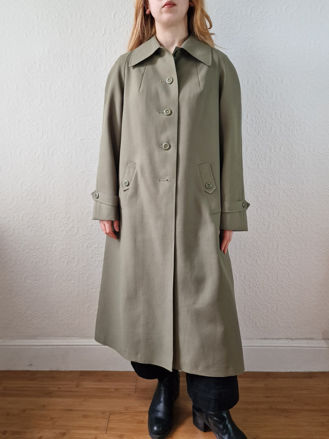 Vintage Khaki Green Single Breasted Trench Coat - M