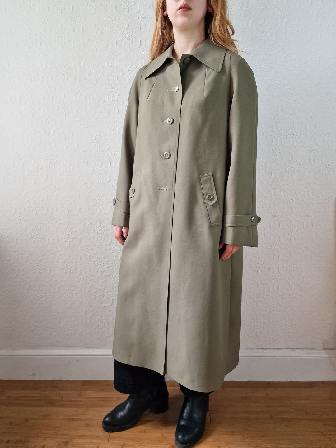 Vintage Khaki Green Single Breasted Trench Coat - M