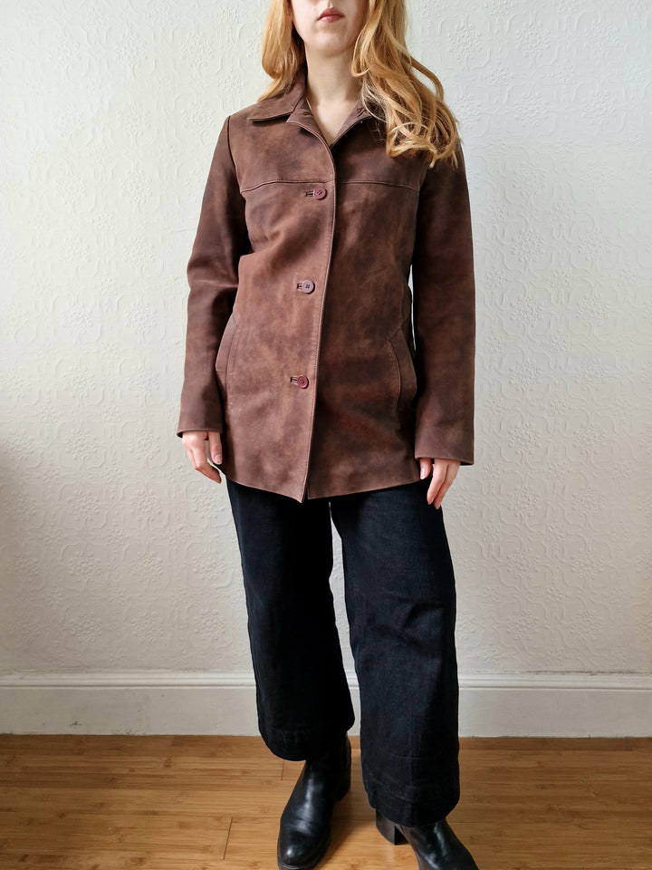 Vintage 90s Warm Brown Genuine Nubuck Leather Blazer Style Jacket - S