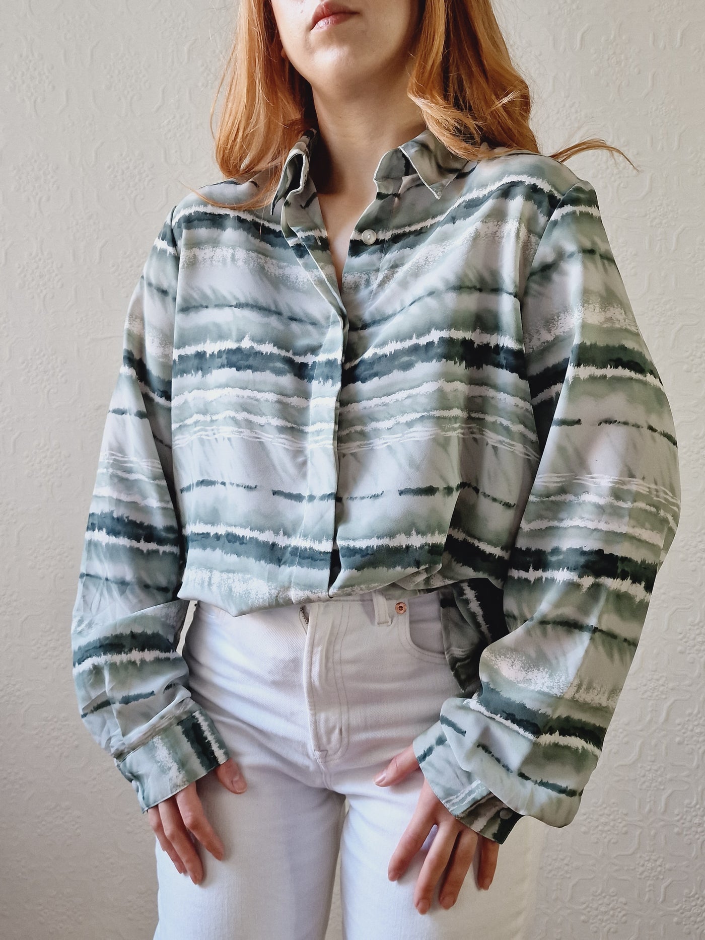 Vintage 90s Green Watercolour Abstract Pattern Long Sleeve Blouse - M