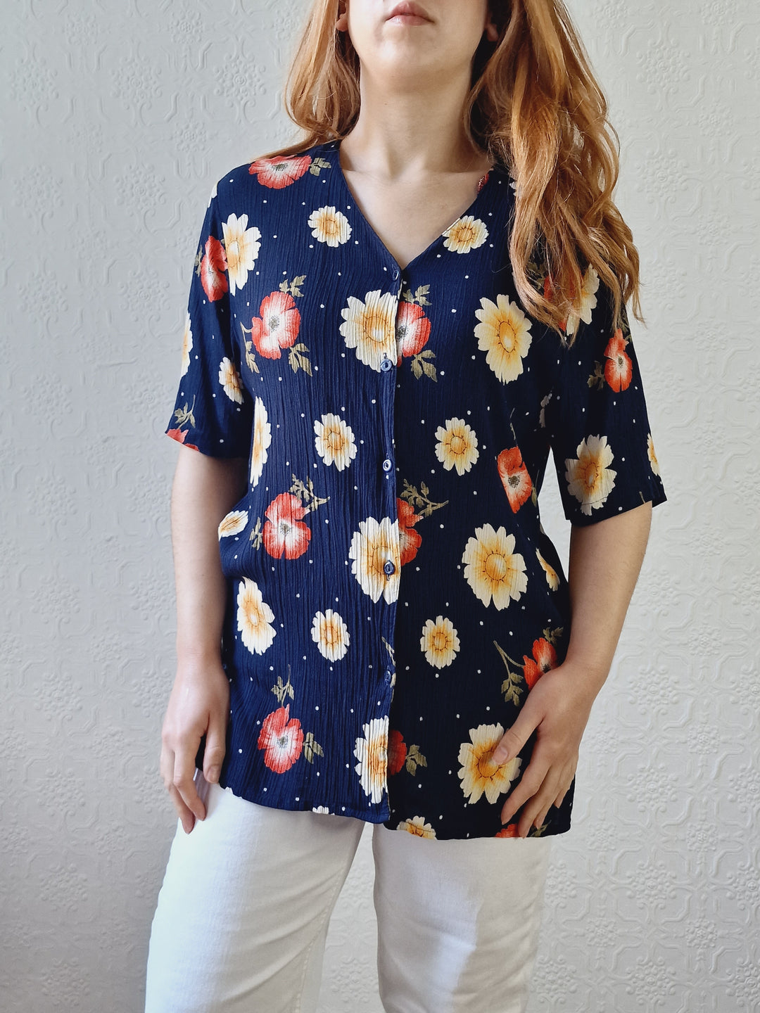 Vintage 90s Dark Navy Blue Floral Pattern Half Sleeve Blouse - M