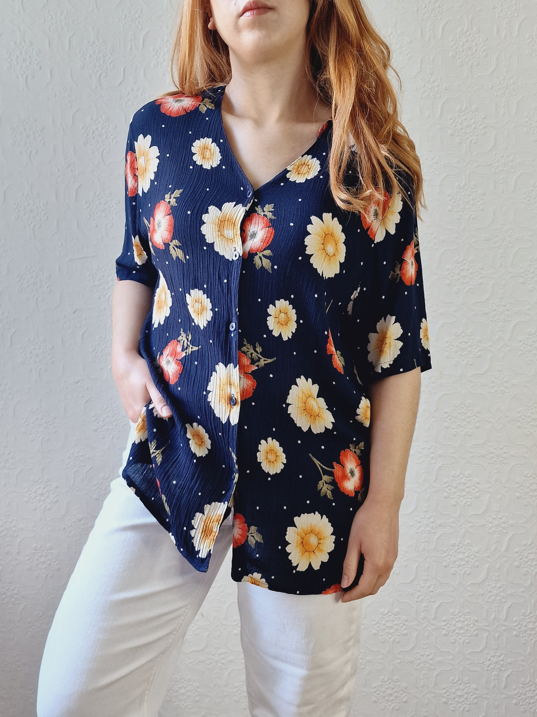 Vintage 90s Dark Navy Blue Floral Pattern Half Sleeve Blouse - M