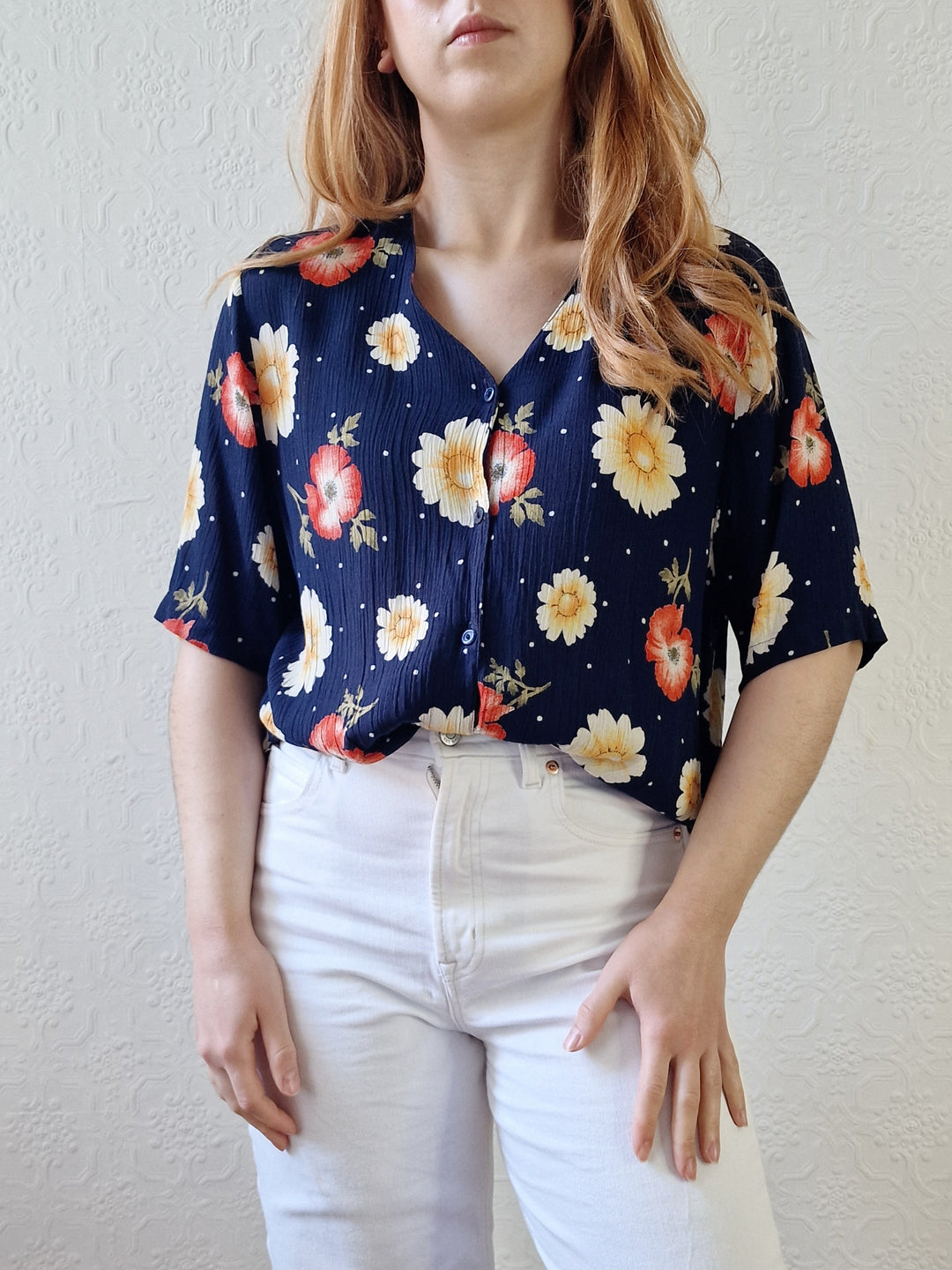 Vintage 90s Dark Navy Blue Floral Pattern Half Sleeve Blouse - M