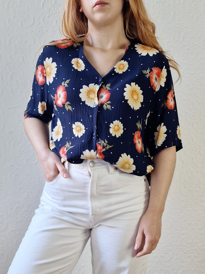 Vintage 90s Dark Navy Blue Floral Pattern Half Sleeve Blouse - M