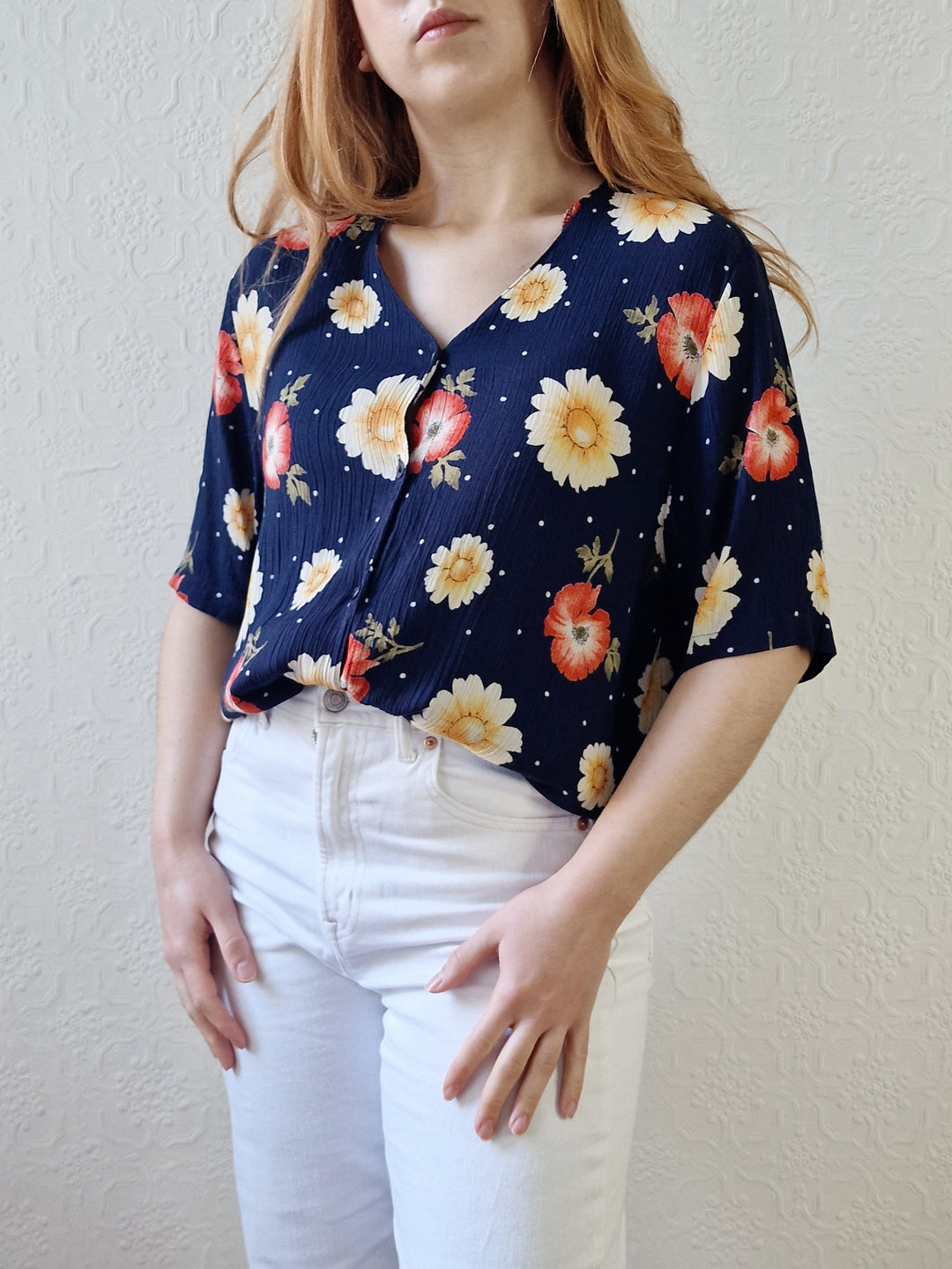 Vintage 90s Dark Navy Blue Floral Pattern Half Sleeve Blouse - M