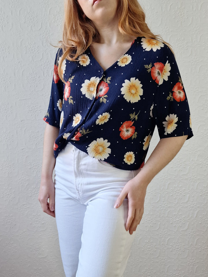 Vintage 90s Dark Navy Blue Floral Pattern Half Sleeve Blouse - M