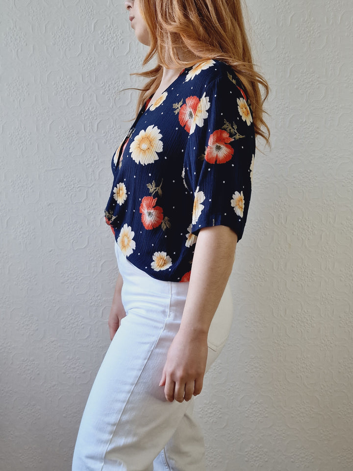 Vintage 90s Dark Navy Blue Floral Pattern Half Sleeve Blouse - M