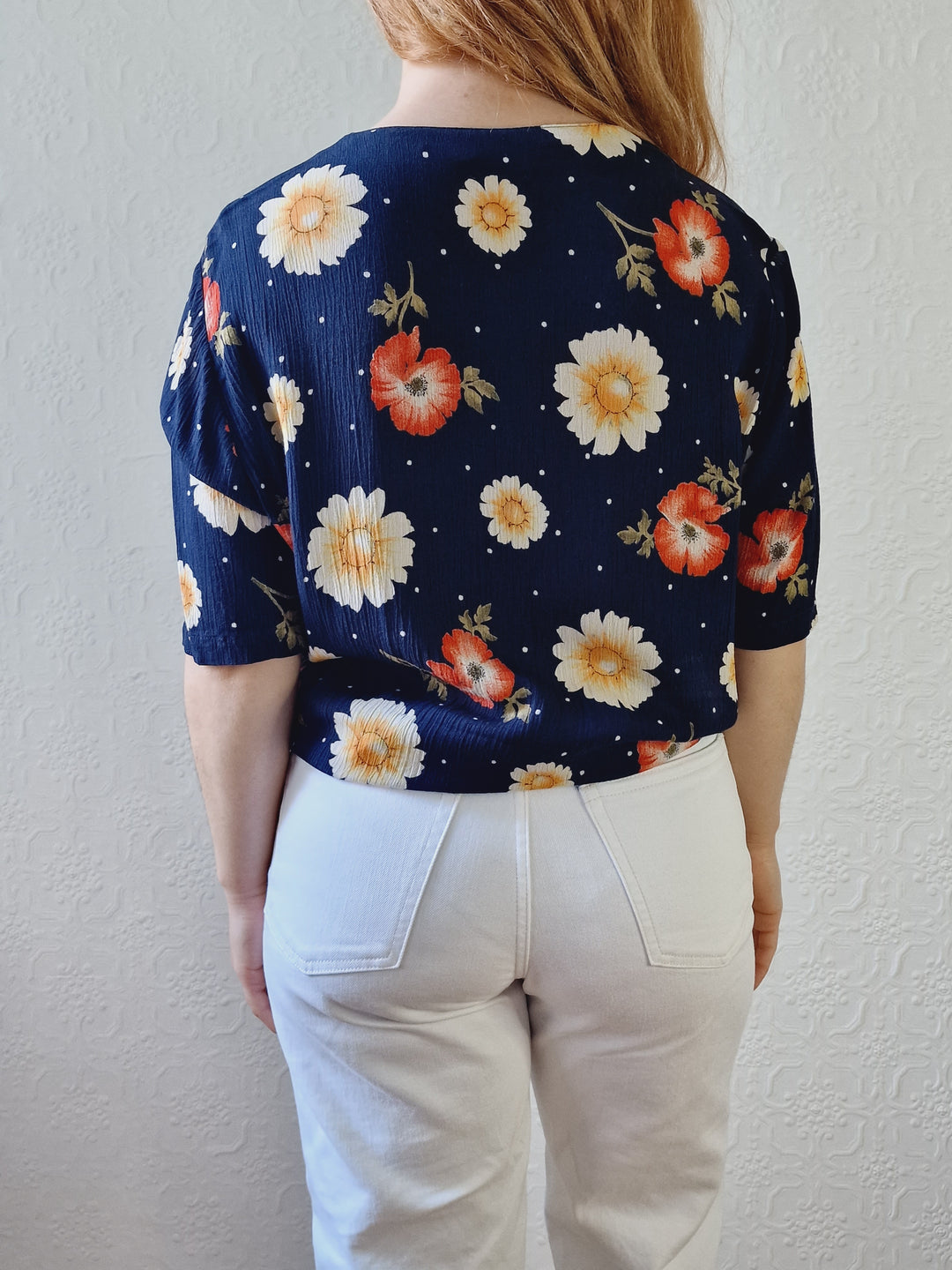 Vintage 90s Dark Navy Blue Floral Pattern Half Sleeve Blouse - M