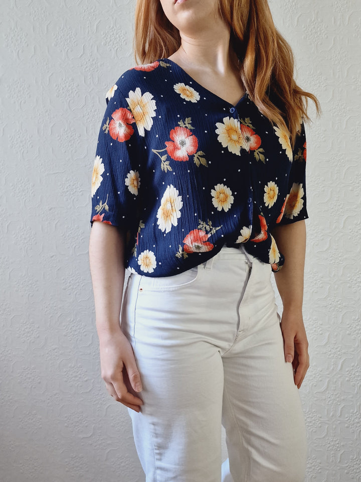 Vintage 90s Dark Navy Blue Floral Pattern Half Sleeve Blouse - M